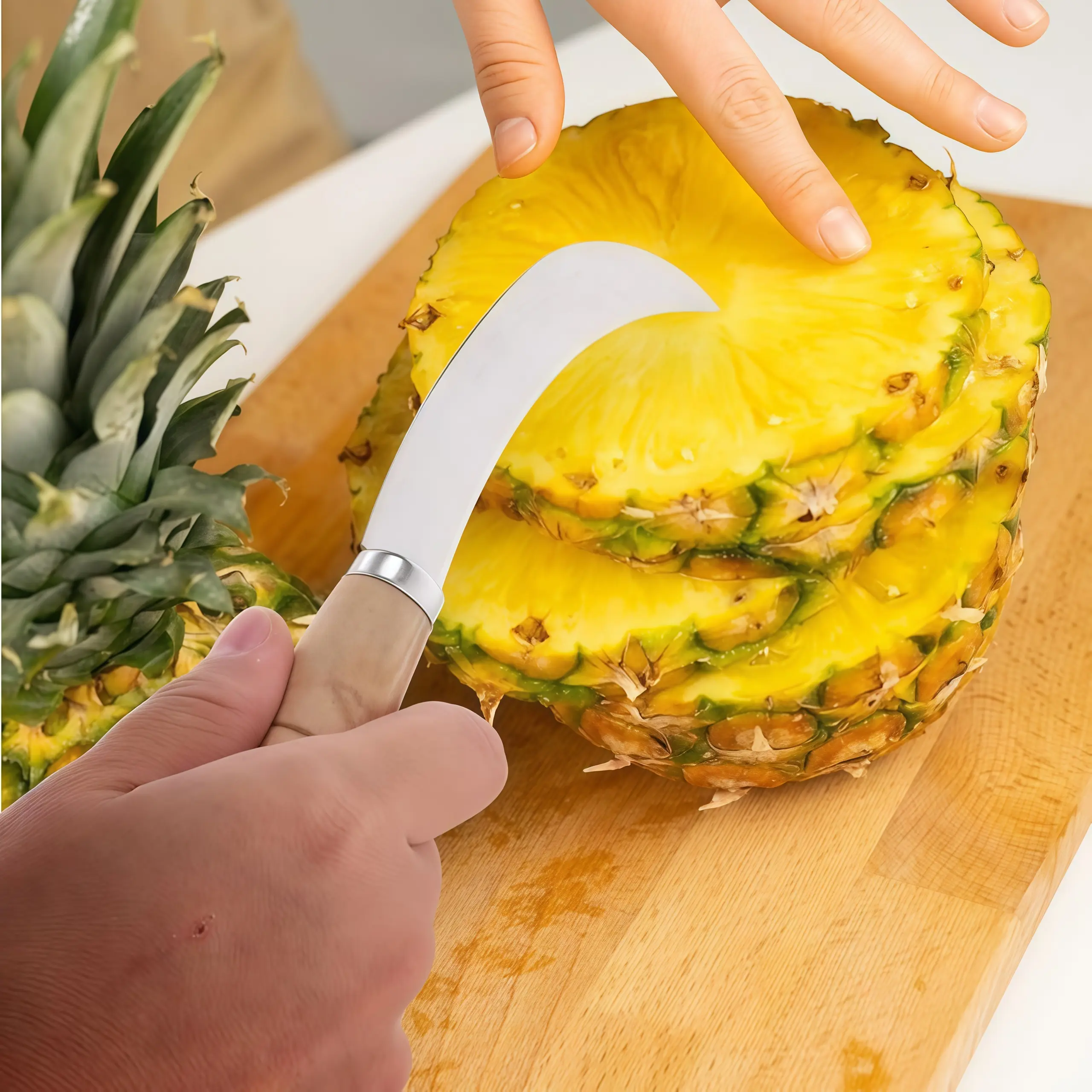 2pcs wooden handle stainless steel fruit bending knife, pineapple eyeless peeling knife, household mini bending blade fruit knife, mango and banana picking knife, fruit shop specific peeling hook knife, multi-purpose small bending knife