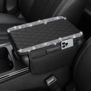 Diamond Embellished Center Console Cover, Luxury PU Leather Armrest Storage Box, Soft Cushion Design, Diamond Decorative Strips, 2 Storage Pockets