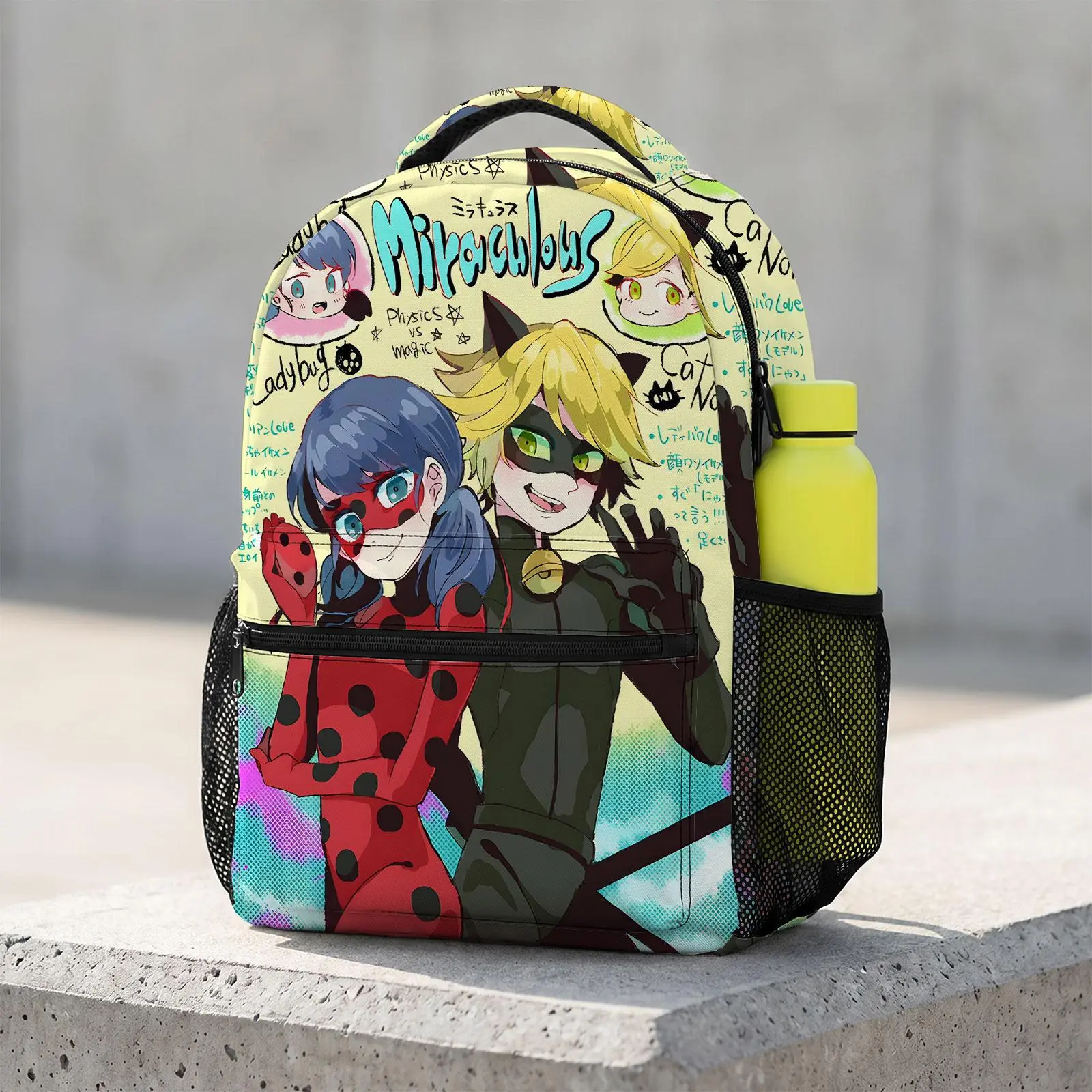 Miraculous-Ladybug Cute Cartoon Backpack 17-Inch | Kawaii Printed School Bookbag | Large Travel Daypack with Water Bottle Holder for Teens Kids