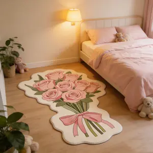 Irregular Bouquet Rug Cream Style Bedroom Bedside Blanket Rose Pattern Living Room Irregular Mat Soft Short Velvet Touch Multi-Size Home Carpet Perfect Holiday Gift