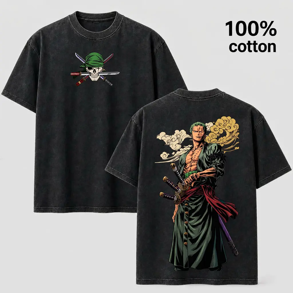 Zoro Washed Oversized Graphic T-Shirt - Unisex Anime Streetwear Tee with Front & Back Print