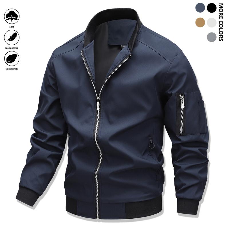 Men's lightweight casual jacket with sports slim fit zipper, stand collar, long sleeves, and zipper pockets, durable polyester fabric suitable for spring/autumn outdoor training, gym workouts, and casual wear, featuring a stylish minimalist design