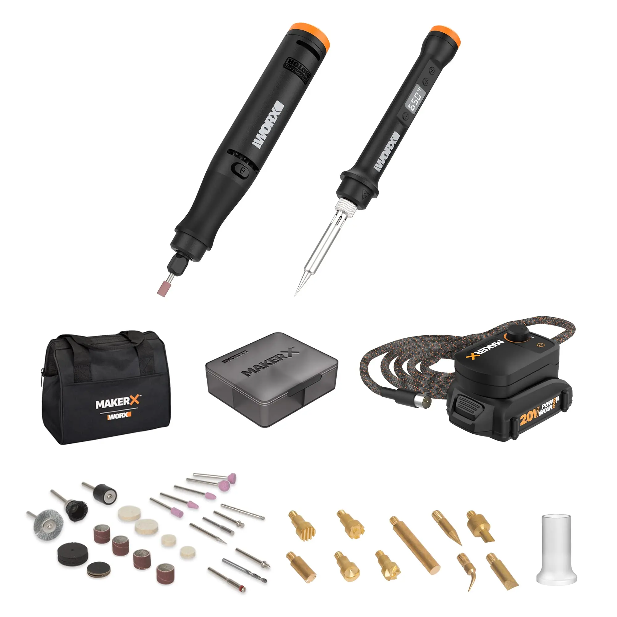 Worx MAKERX WX988L 2pc Subcompact Brushless Motor Garden Combo Kit - Portable, Quick Heat-Up, Expandable Rotary Tool, Micro-Ergonomic Design, Hub, Included Accessories, Lifestyle Power Tool Essential, Detail Work