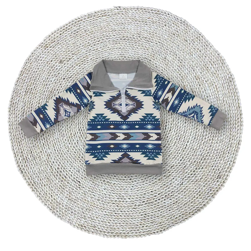 Best Sell Color Cowboys Little Baby Boys Stretchy Soft Western White Blue Aztec Quarter Zip Long Sleeve Pullovers Tops