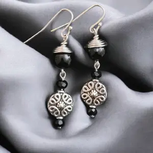 black glass beaded wire wrapped earrings