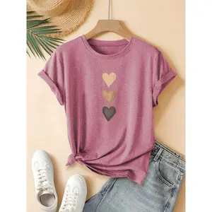 Printed fashion retro style women's summer casual sportswear top with round neck and short sleeves, dark space grey
