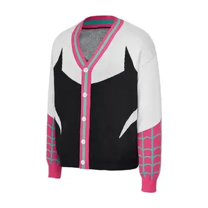 Creative Ghost Spider Gwen Stacy Knitted Cardigan Coat, Casual Superhero Themed Loose Knit Sweater Outerwear, Fashion Street Style Long Sleeve Warm Jacket for Daily Casual & Cosplay Daily Wear