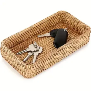 Rattan Key Tray Basket, Small Woven Willow Entrance Decorative Basket, Coffee Table Storage Tray for Keys Makeup Candles Perfume