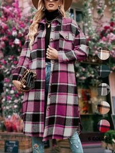women's fall winter plaid woolen coat, casual loose-fit long sleeve button front jacket, medium thick woven fabric longsleeves outerwear
