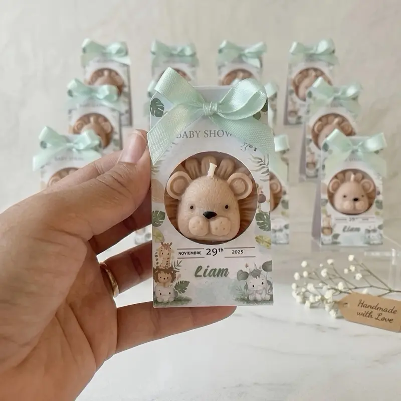 Personalized Lion Design Candle Light Home Decor, Mint Bow Accent, Ready-to-Gift Baby Shower Souvenir