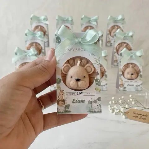 Personalized Lion Design Candle Light Home Decor, Mint Bow Accent, Ready-to-Gift Baby Shower Souvenir