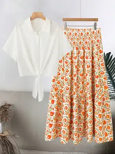 Plus Size Women's Floral Shirt Dress Set, Front Tie Design, Drop Shoulder Short Sleeve Top, Elastic Waist Skirt, Summer Fashion, Outfit