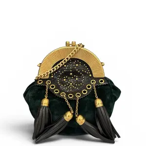 Pre-owned PRADA Leather Shoulder Bags Tassel Studded Shoulder Bag Velvet Lizard Embossed Calfskin Green Black (ex050726a6)