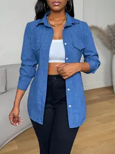 A women's blue lapel shirt Blouse Top Collared Womenswear with fake pockets, decorative buttons, and long sleeves; stylish and versatile, suitable for spring and summer, ideal for daily casual wear ad commuting, Casual Style Shirt