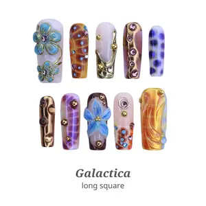 Lilynailsart | Galactica Press On Nails – Long Square – Blue Floral & Cosmic Chrome Nails