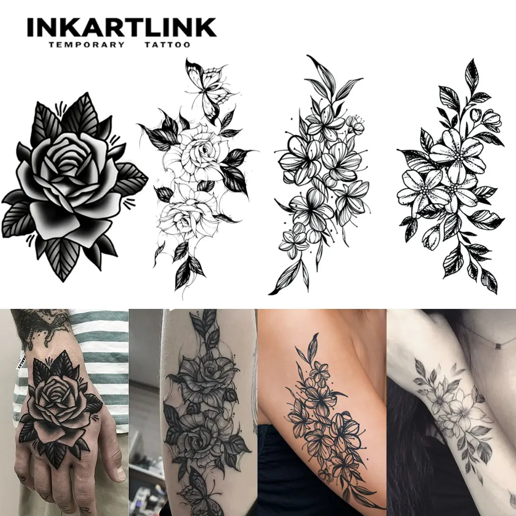 INKARTLINK Realistic Semi-Permanent Temporary Tattoos, 2 Sheets with Flower & Henna Designs, Waterproof Ink Lasting 1-2 Weeks for All Skin Types, Realistic Temporary Tattoos, Fake Tattoos