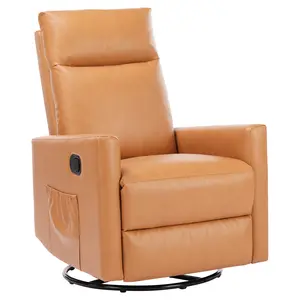 Swivel Recliner Chair, Glider Nursery Chair for Living Room with Extra Large Footrest, High Back, Upholstered Deep Seat (White, brown)