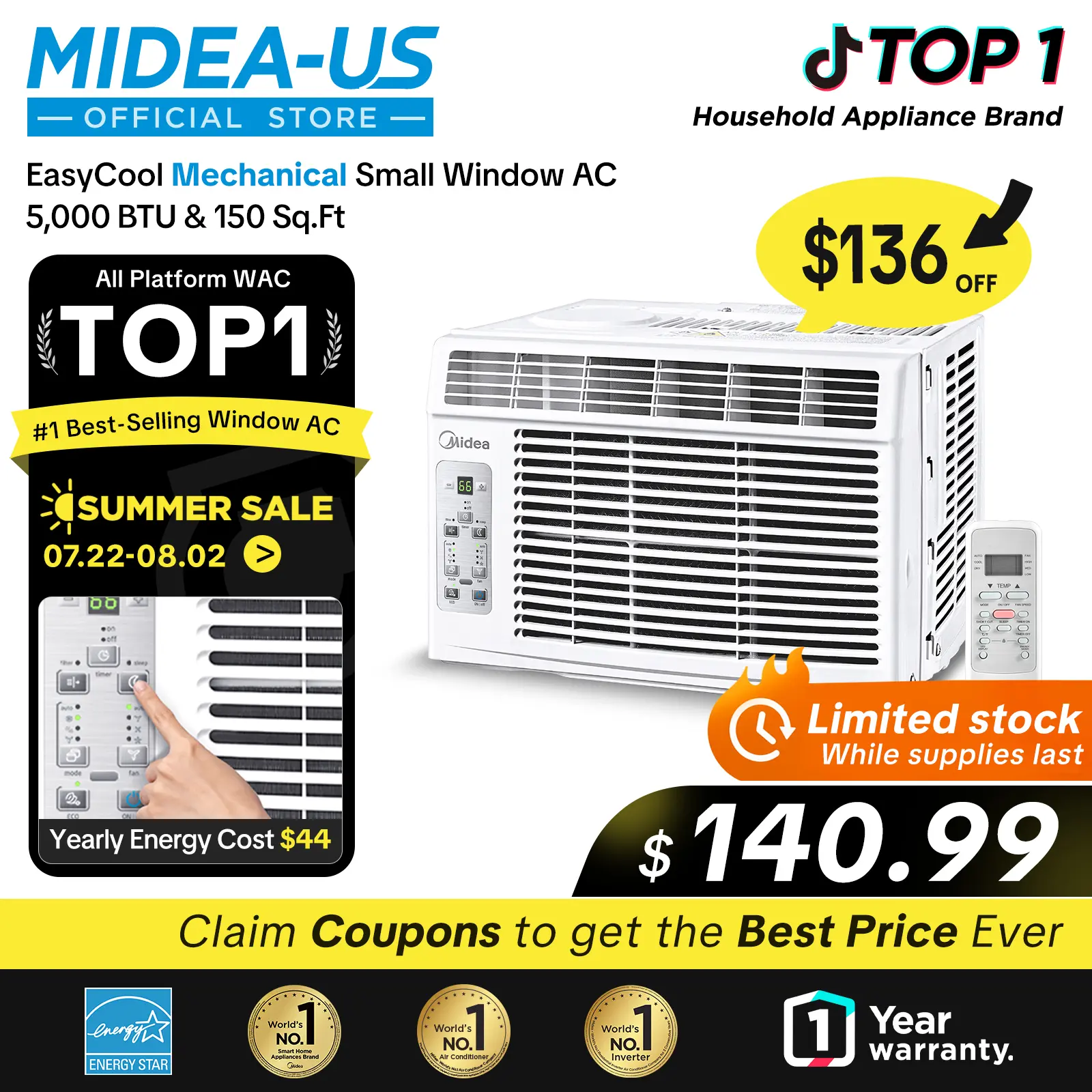 Midea 5,000 BTU Digital Window Air Conditioner, Cools up to 150 Sq. Ft. AC with Easy-to-Use Reusable Filter, Remote, Perfect AC for Bedroom, Living Room, Home Office, Electronic Control