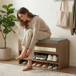 2-in-1 Rattan Shoe Storage Bench, Natural Woven Wicker Bench with Removable Padded Seat, Top Drawer & Open Shoe Shelf, Curved Rattan Legs for Farmhouse Coastal Modern Home