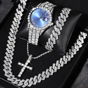 Men's Punk Style Rhinestone Decor Watch & Bracelet & Adjustable Cross Charm Necklace & Cuban Necklace, Exquisite Trendy Fashion Watch Set As Gift with Box