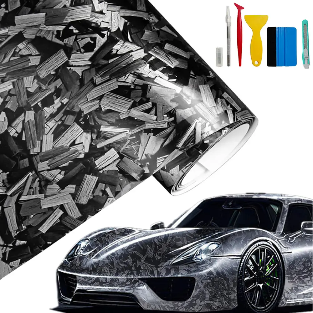 Forged Carbon Fiber Vinyl Roll - 1FT x 5FT Glossy Black Waterproof PVC Car Body Film for Interior/Ext. Car Body Decoration - Mirror-Like Finish, Easy Installation, Supplier Warranty, Works On Smooth Paint, Bubblefree Apply, Premium Pvc For Long Wear, Self