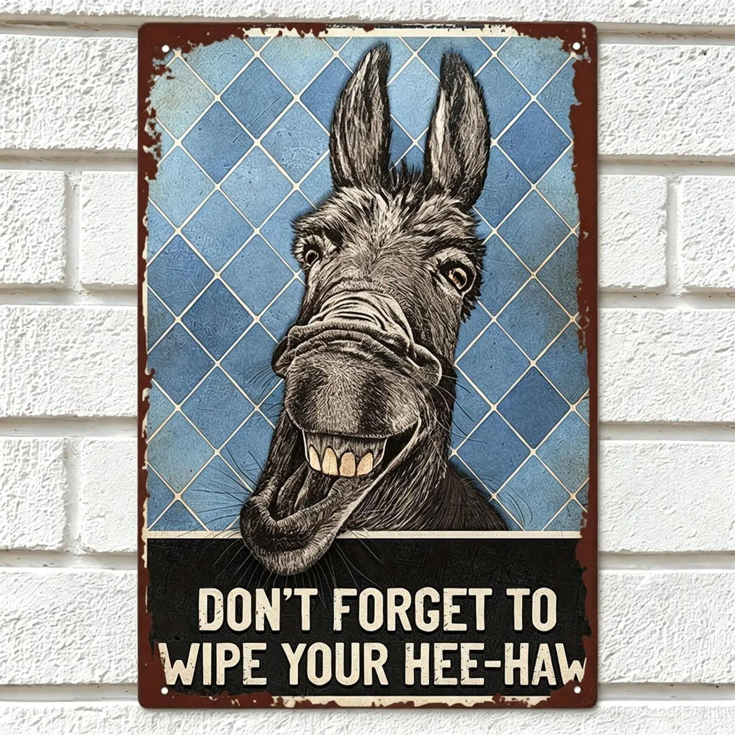 Funny Donkey Metal Sign "Don't Forget To Wipe Your Hee-Haw", Distressed Iron Decor with Blue Diamond Pattern, Vintage Humor Decor for Bathroom & Bedroom