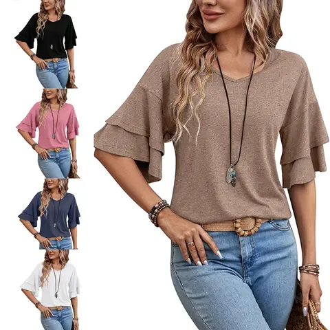 Women's Loose-Fit Summer V-Neck Short-Sleeve Basic Casual Sports Top - 1-Piece Essential Lady's Comfortable Everyday Top for Jeans