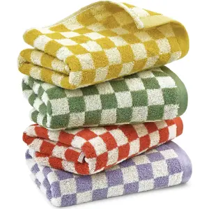 Hand Towels for Bathroom 4 Pack, Cotton Soft Absorbent for Face Spa Bath Gym Kitchen, Hand Towel Set Decorative Checkered, 13 x 29 Inches, 4 Colors