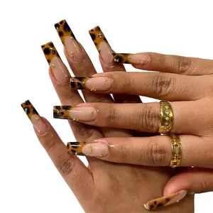 24Pcs Cheetah Print Press On Nails Long Square Shape Brown French Tip Glossy False Nails Fall Ombre Design Full Cover Glue On Nails For Women Autumn Season