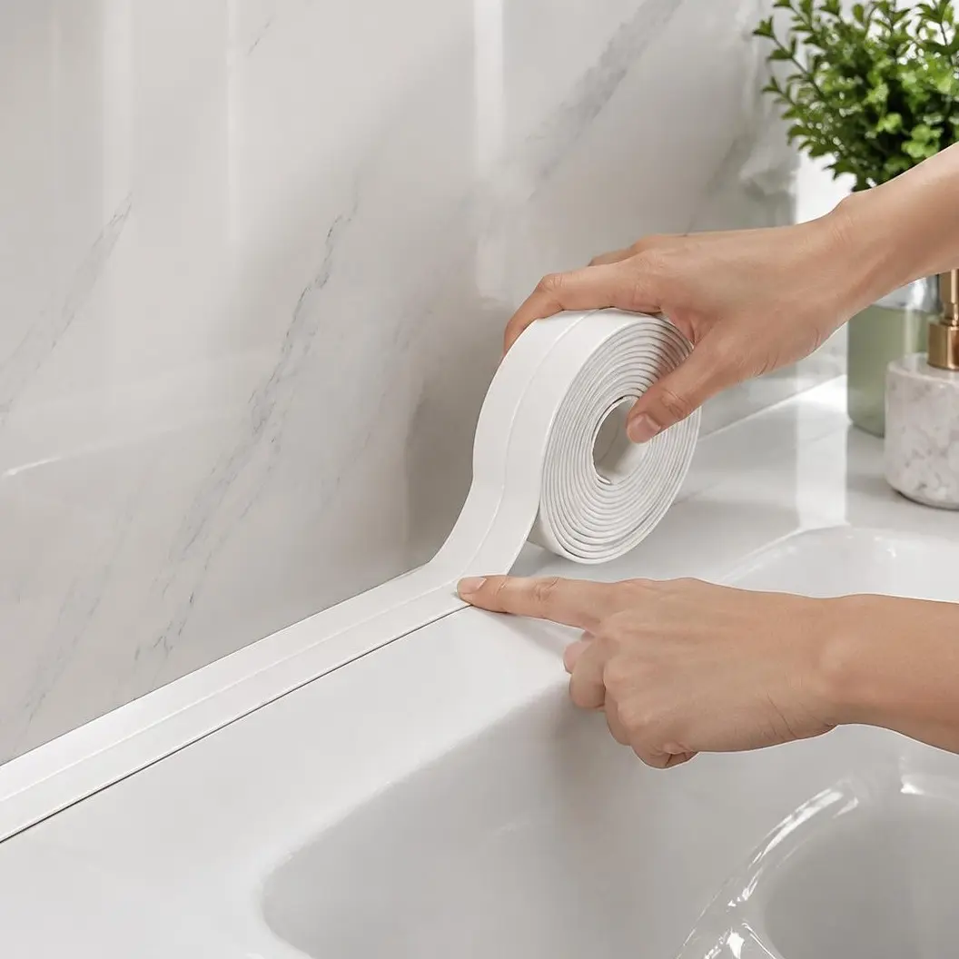 Self-Adhesive White Caulk Tape - PE Invisible Waterproof Sealant Strip with Strong Adhesion, Easy to Apply for Bathroom & Kitchen Edges (1/3 Roll)
