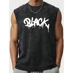 New Heavyweight% Cotton Vintage Washed Sleeveless Vest, Loose Street Style Printed Top,  Distressed Effect, Large Size Round Neck Vest Casual Shirt,  Daily Wear In Spring, Summer, And Autumn --Hop Style Loose Fit, Suitable Casual Outings And Sports, Urban