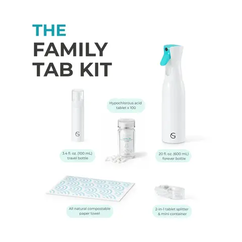 THE FAMILY KIT | 100 HOCl Tablets with Refillable Spray Bottle - Multi-Surface Household Cleaner - Babies, Kids & Pet Friendly
