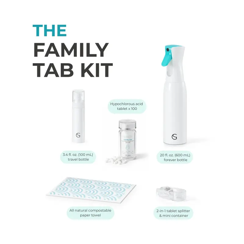 THE FAMILY KIT | 100 HOCl Tablets with Refillable Spray Bottle - Multi-Surface Household Cleaner - Babies, Kids & Pet Friendly