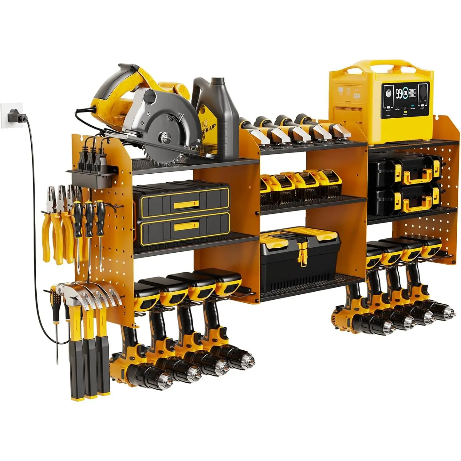 Power Tool Organizer, 45.5 Inch Cordless Drill Holder Wall Mounted, 3 Layers Tool Organizers with Outlet Power Strips , Garage Storage Rack for Toolbox/Impact Wrenches/Screwdriver/Plier/Hammer