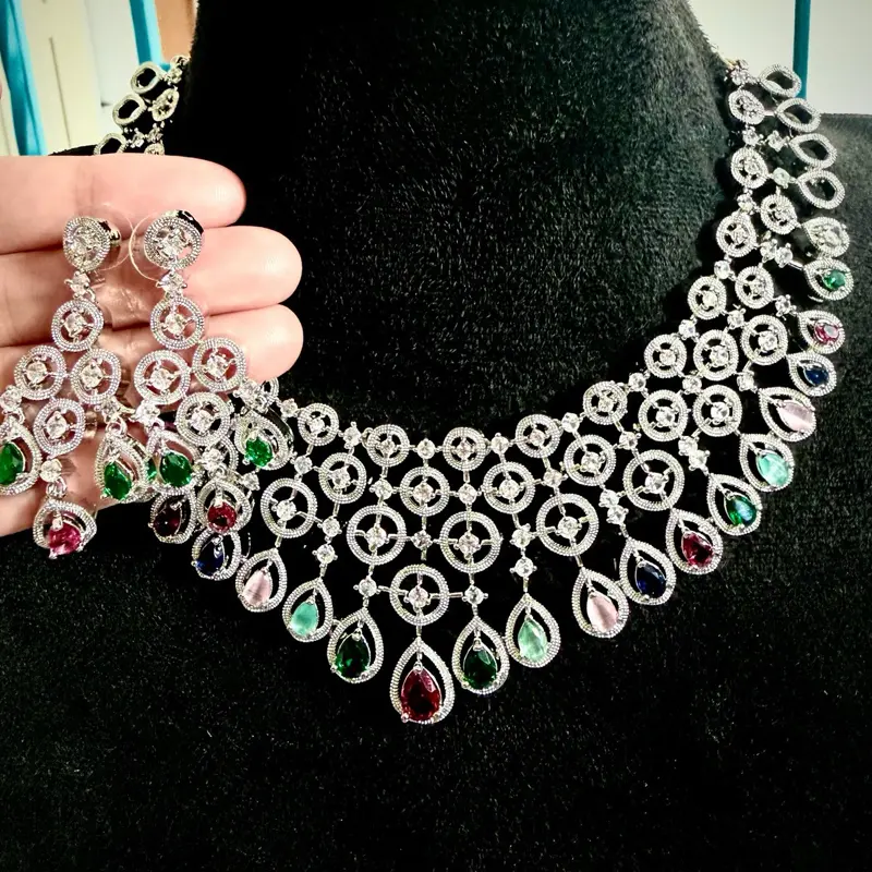 Silver Plated AD Necklace and Earrings Set Women’s Classic Wedding Party Jewelry Brass Water Drop Design Brilliant Cut