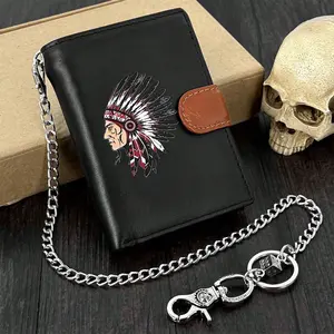 Punk Rock American Indian Chief Wallet Mens Leather Money Purse W/Chain