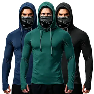 6/3 Pack Men's Sun Protection Long Sleeve Hooded Shirts, 4-Way Stretch Quick Dry Compression Work Shirt with Built-in Face Mask & Neck Gaiter, UV Protection for Fishing Cycling Gardening Outdoor Work