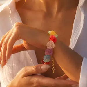 Candy Gummy Sugar Coated Rainbow Heart Bracelet, Handmade Shimmer Crystal Mesh Heart Beaded Wrist Chain, Dainty Adjustable Gold Clasp Bracelet, Y2K Aesthetic Vacation Accessory & Birthday Gift for Her