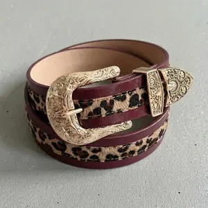 Leopard Western Belt Gold Burgundy Engraved Buckle Fits Waist Sizes 23.5-33.5 In