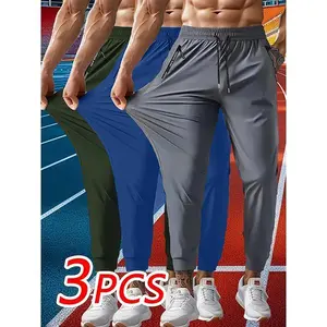 3PCS-Men's Sports Pants, Elastic Waist with Drawstring, Zipper Pockets, Comfortable and Breathable, High Elasticity Fabric, Suitable for Outdoor Running, Gym, Casual Pants, Nine-Point Pants Athleisure Style jogger