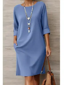 Women's Casual Summer Solid Color Knee-Length Dress, Round Neck Slim Fit Design, Side Slit, Lightweight Breathable Fabric