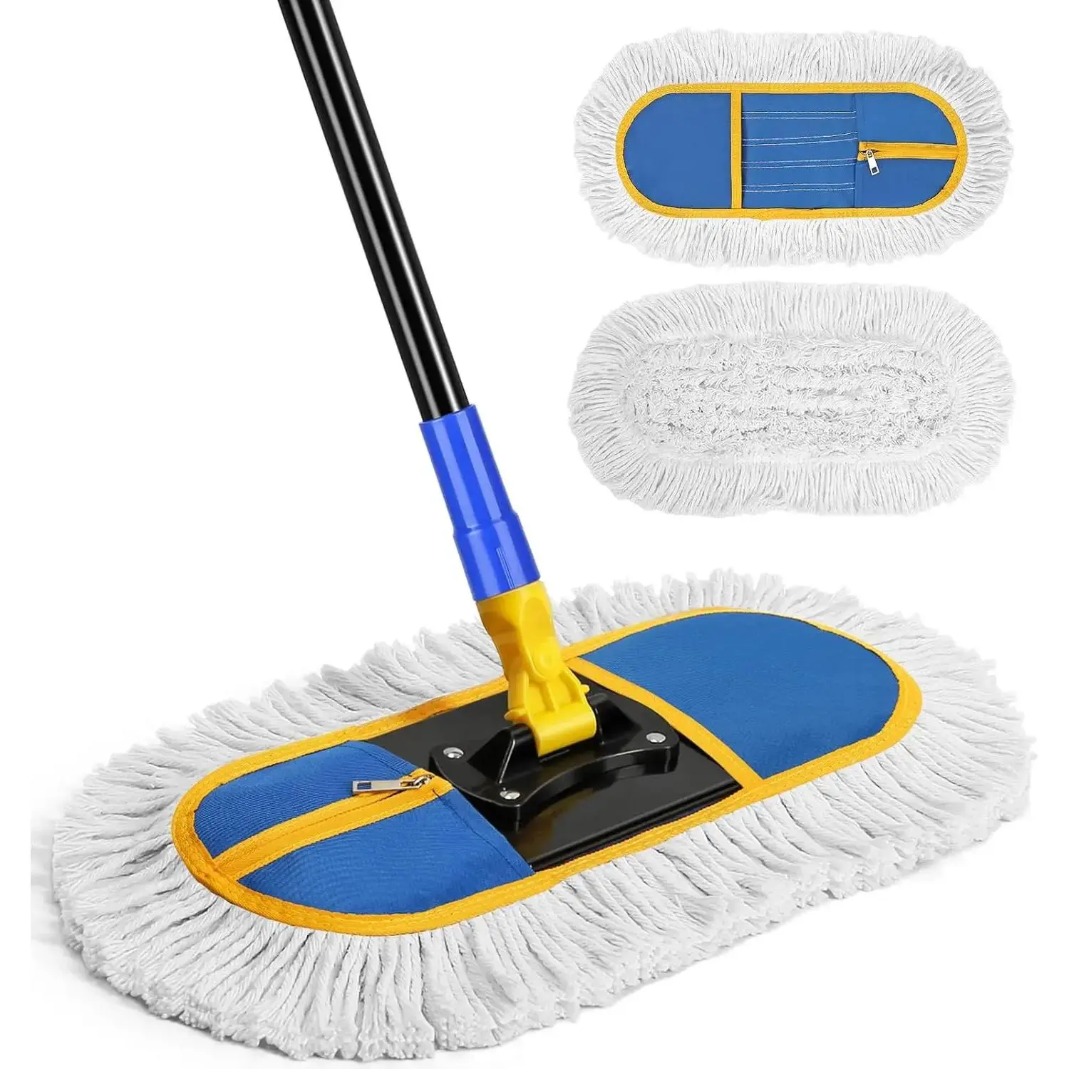 16 in Commercial Cotton & Metal Dust Mop Set - 56 inch Flexible Dust Removal Mops with Handle, 2 Washable Pads, Industrial Wet-Dry Broom for Hardwood, Vinyl Floors, Warehouse Cleaning, Blue