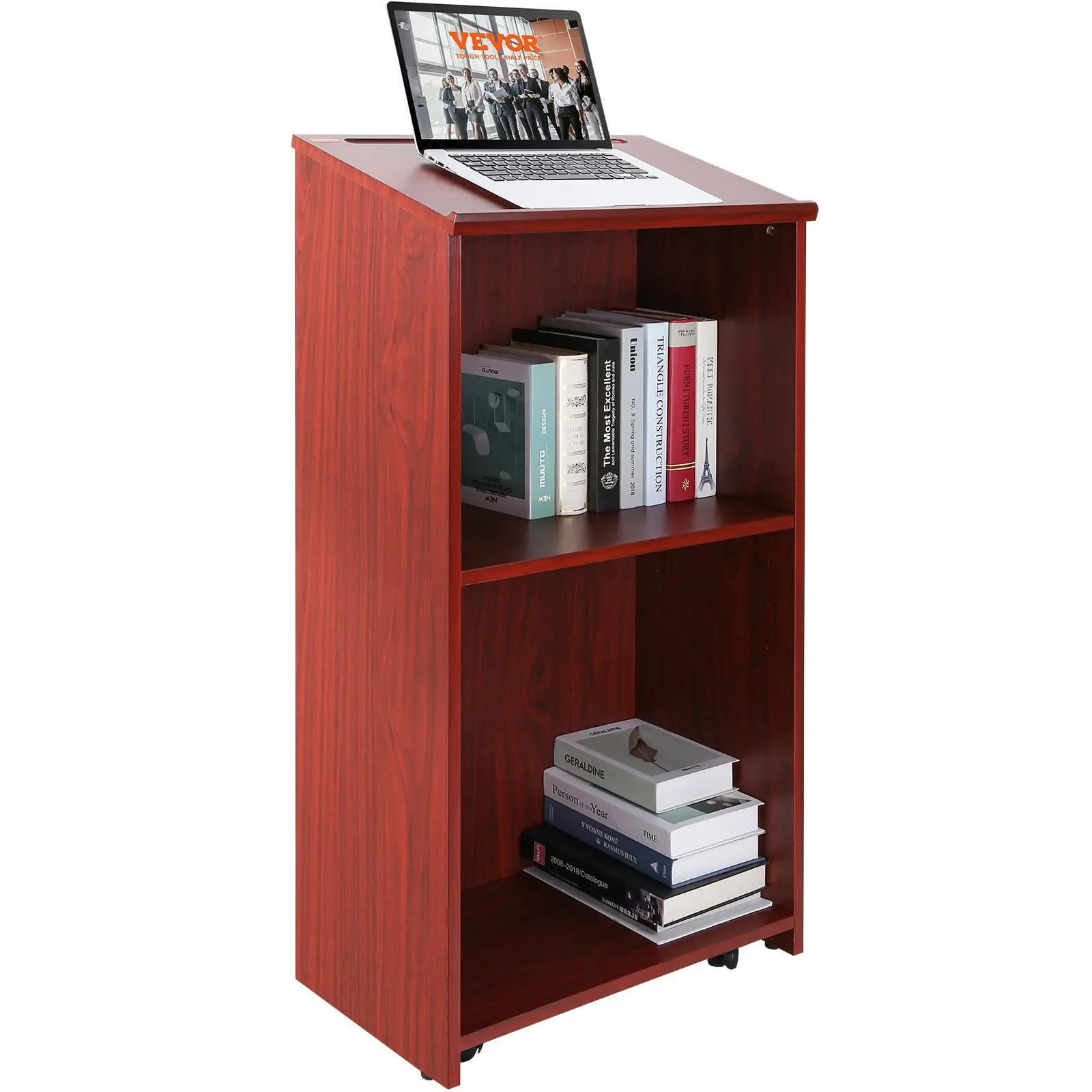 【summerfinds】VEVOR Podium Stand, 47 inch Hostess Stand with 4 Rolling Wheels, Wood Podium with Storage Shelves and Slant Desktop, Lecterns & Podiums for Home, Office, School, Church, Brown