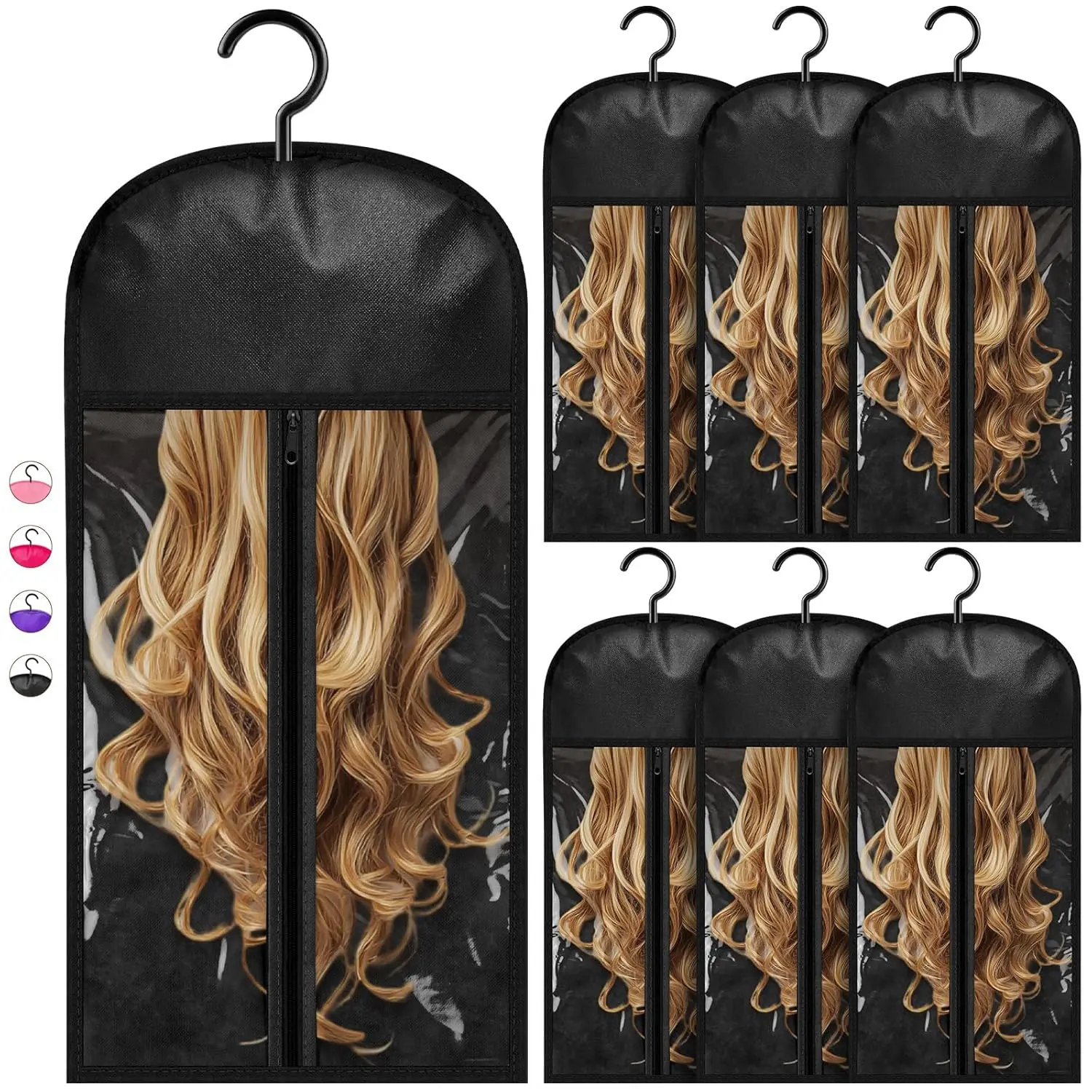 6PCS Hair Extension Holder Wig Storage Bags with Hanger,for Multiple Wigs & Accessories,Dust-proof Storage Organizer,Black
