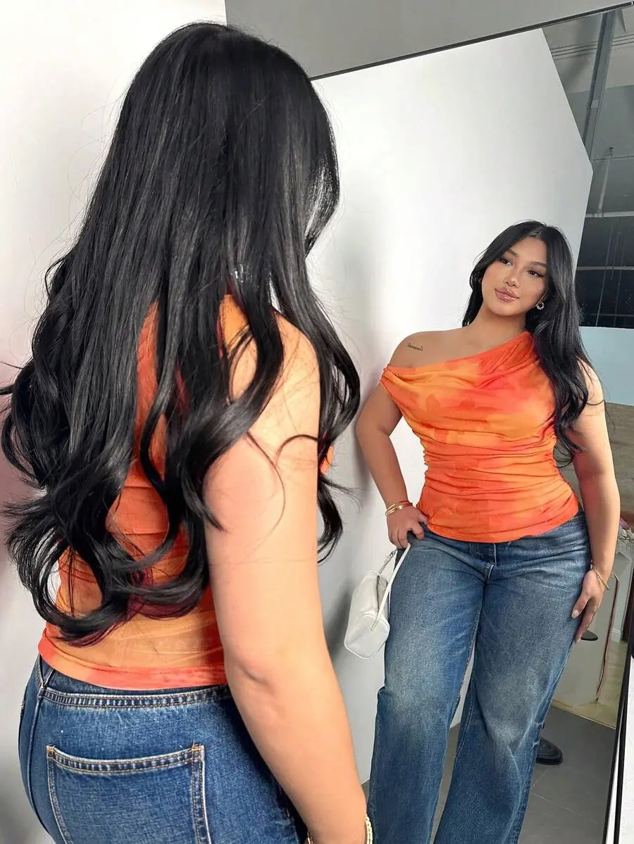 Plus Size Women's Tie Dye Print Ruched Asymmetric Neck Shirt, Classy Night Out Club Open Shoulder Top, Elegant Vacation Blouse