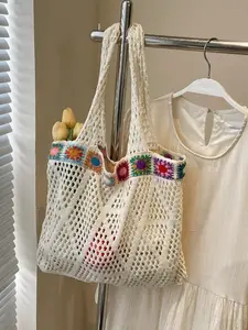 Knitted tote bag, boho shoulder bag, hollow crochet wallet, granny square tote bag, casual beach bag for women, large knitted tote bag, floral embellished tote bag, Stylish tote bag, Fashionable Bohemian Bag