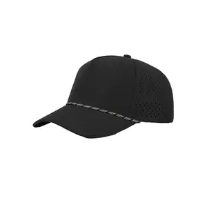 5 Panel Laser Performance Golf Rope Hat Black with White Perforated Trim Unisex Structured Mid-profile Adjustable Snapback