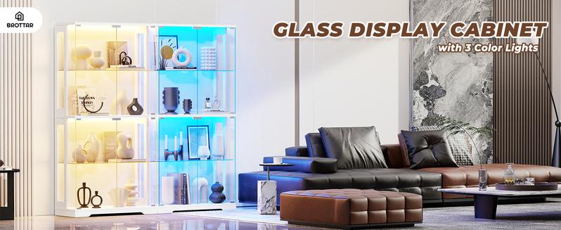 BROTTAR Display Cabinet with Glass Doors, 4-Tier Curio Cabinet with 3 Color Lights for Collectibles, 65" Lighted Glass Display Case with Transparent Full-Display Surface, Human Body Sensor, Black