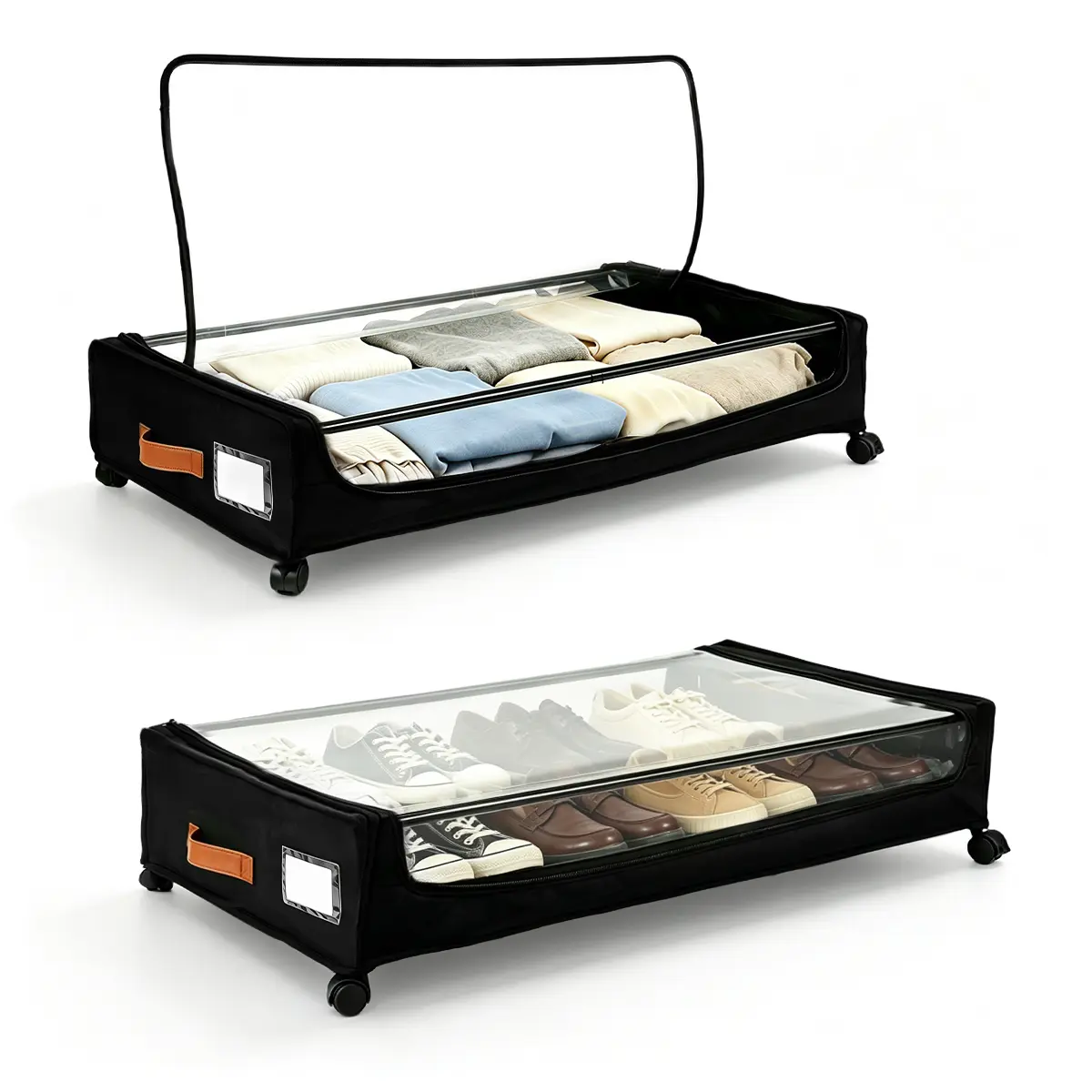 Under Bed Storage Containers with Wheels, Clear Top Flat Organizer Bins for Clothes Shoes Blankets Bedroom