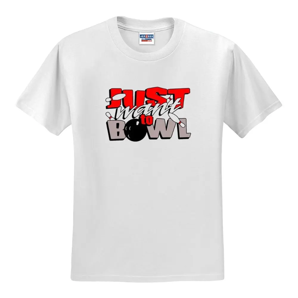 Men's Cotton Casual Short-Sleeve Round Neck Graphic Print "Just Want To Bowl" Streetwear T-Shirt - White, Cool Bowling Clothes, Cool T Shirt